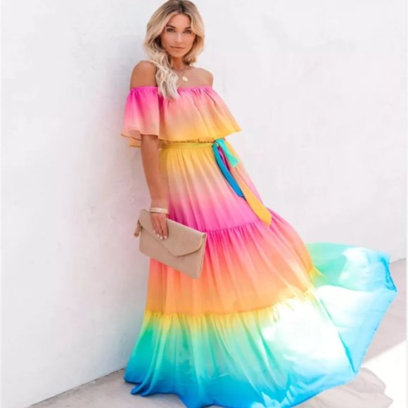 Rainbow Dress BOHO Maxi Off Shoulder - Ribbon Belt Waist - Flowing Hem - Picture 3 of 13